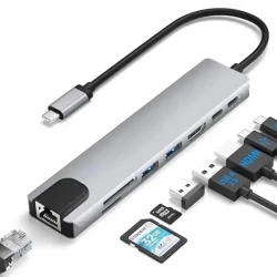 8-In-1 USB Type C Hub Multiport Adapter Hub Dock 8 In 1 USB C Type C Hub With 4K HDTV HDMI USB 3.0 SD TF Card Reader PD Charging