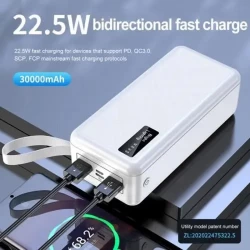 With LED Lighting Charging Portable Power Banks Removable Charging Cable 30000mah-white